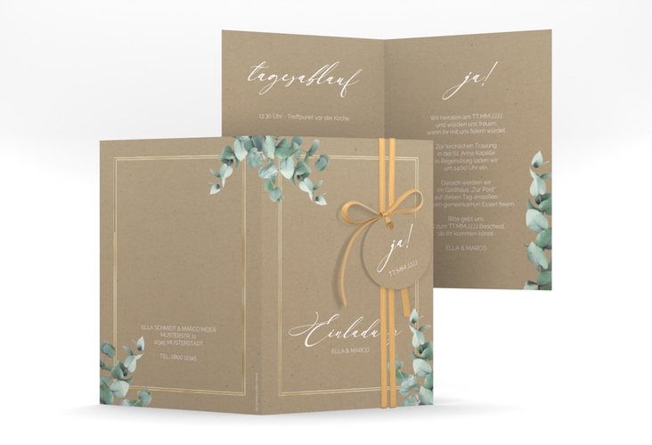 Einladungskarte Hochzeit Eucalypt A6 Klappkarte hoch Kraftpapier gold mit Eukalyptus und edlem Rahmen