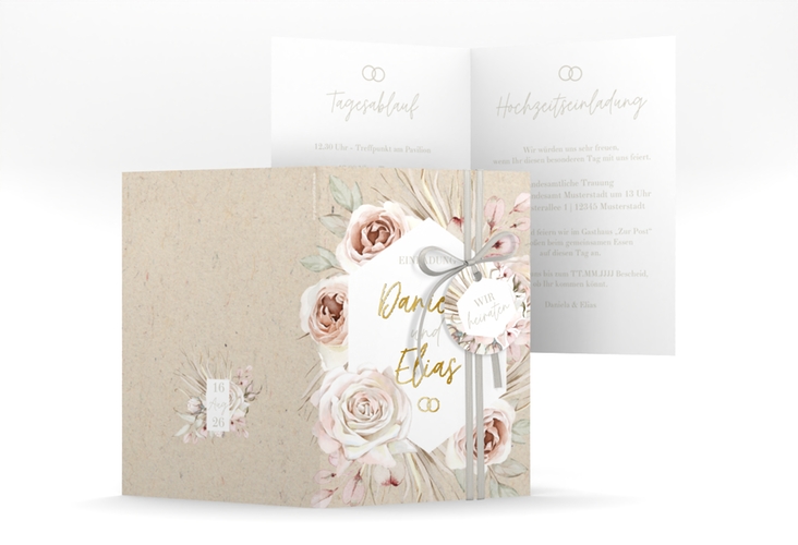 Einladungskarte Hochzeit Bohorose A6 Klappkarte hoch Kraftpapier gold