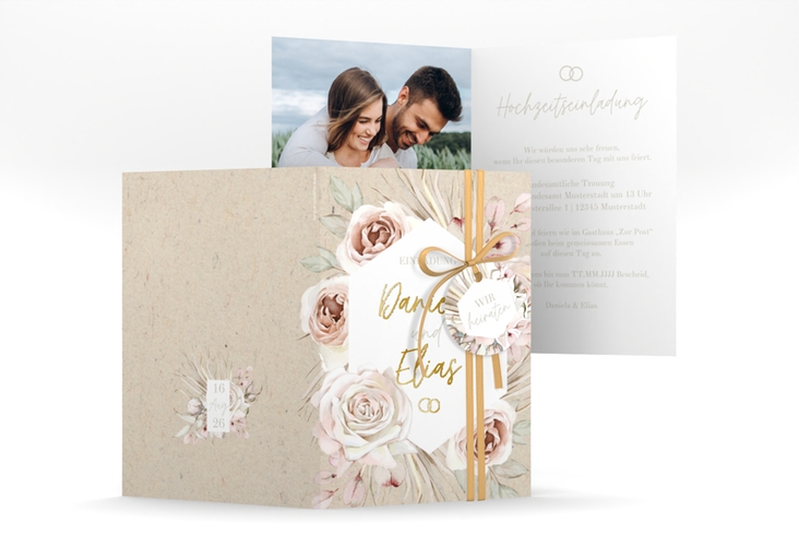 Einladungskarte Hochzeit Bohorose A6 Klappkarte hoch Kraftpapier gold