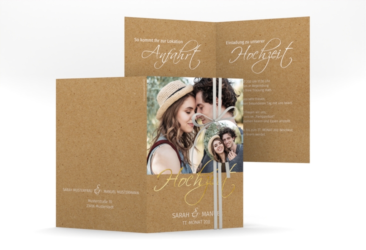 Einladungskarte Hochzeit Big Picture A6 Klappkarte hoch Kraftpapier gold mit Foto des Brautpaars