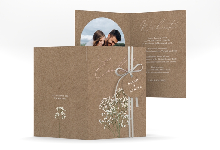 Einladungskarte Hochzeit Schleierkraut A6 Klappkarte hoch Kraftpapier rosegold