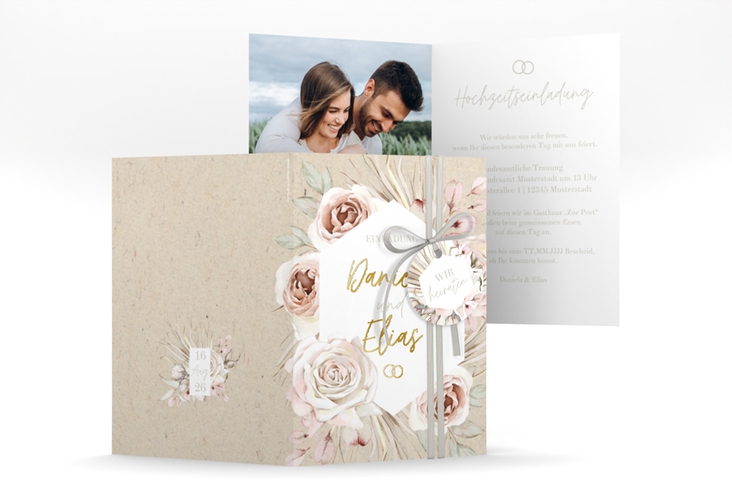 Einladungskarte Hochzeit Bohorose A6 Klappkarte hoch Kraftpapier gold