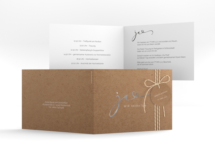 Hochzeitseinladung Jawort A6 Klappkarte quer Kraftpapier silber modern minimalistisch mit veredelter Aufschrift