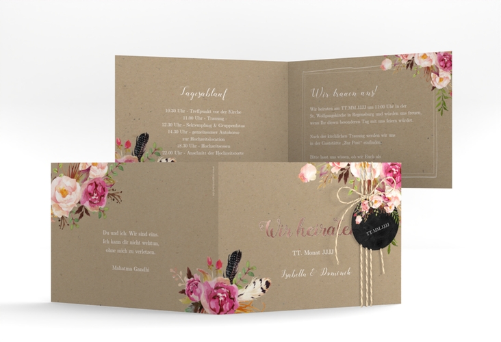 Hochzeitseinladung Flowers A6 Klappkarte quer Kraftpapier rosegold mit bunten Aquarell-Blumen