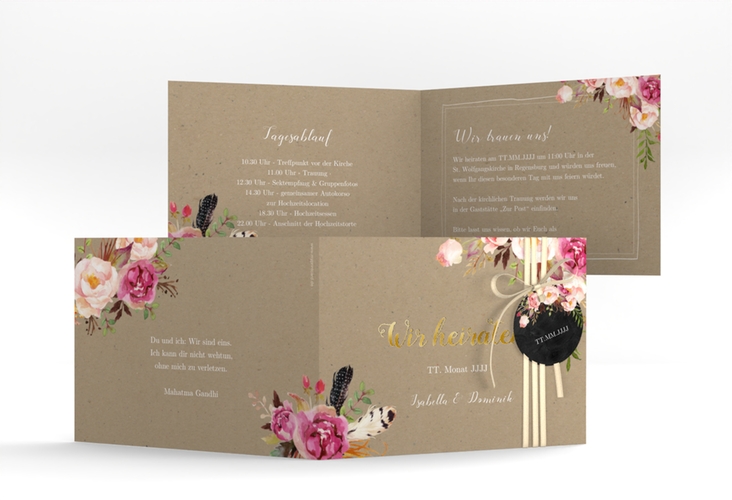 Hochzeitseinladung Flowers A6 Klappkarte quer Kraftpapier gold mit bunten Aquarell-Blumen