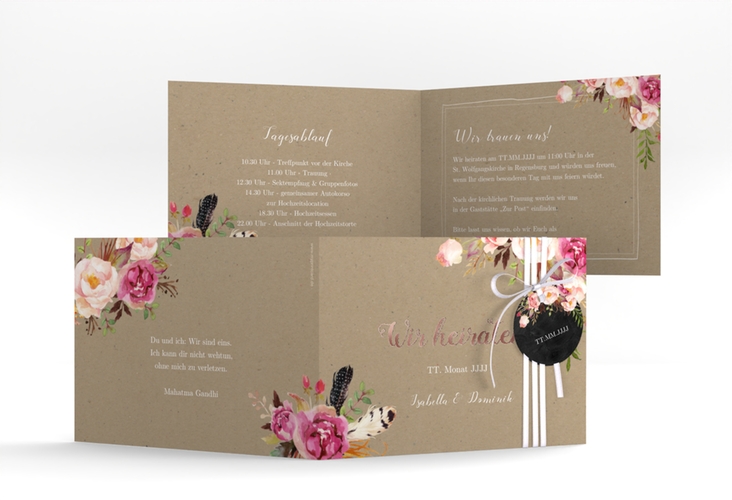 Hochzeitseinladung Flowers A6 Klappkarte quer Kraftpapier rosegold mit bunten Aquarell-Blumen