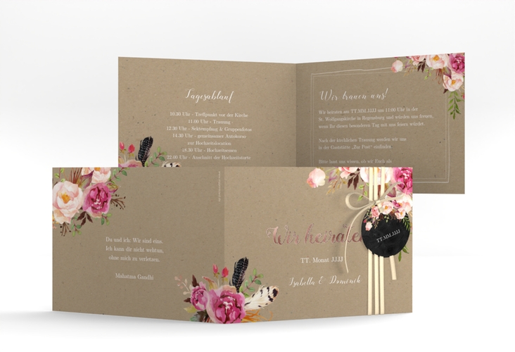 Hochzeitseinladung Flowers A6 Klappkarte quer Kraftpapier rosegold mit bunten Aquarell-Blumen