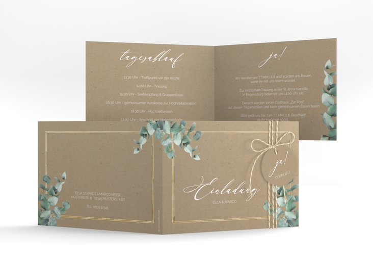 Hochzeitseinladung Eucalypt A6 Klappkarte quer Kraftpapier gold mit Eukalyptus und edlem Rahmen