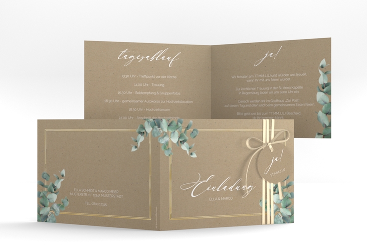 Hochzeitseinladung Eucalypt A6 Klappkarte quer Kraftpapier gold mit Eukalyptus und edlem Rahmen