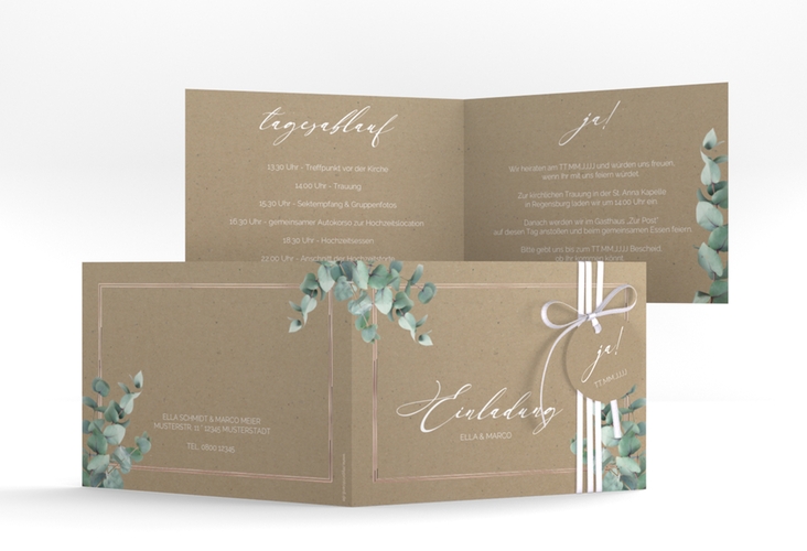 Hochzeitseinladung Eucalypt A6 Klappkarte quer Kraftpapier rosegold mit Eukalyptus und edlem Rahmen