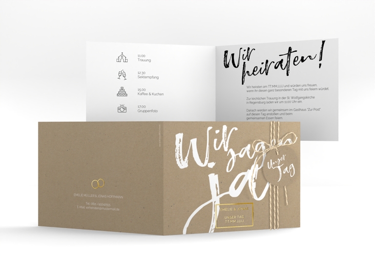 Hochzeitseinladung Words A6 Klappkarte quer Kraftpapier gold