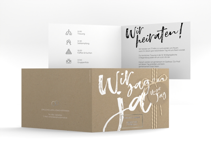 Hochzeitseinladung Words A6 Klappkarte quer Kraftpapier silber