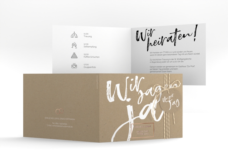 Hochzeitseinladung Words A6 Klappkarte quer Kraftpapier rosegold