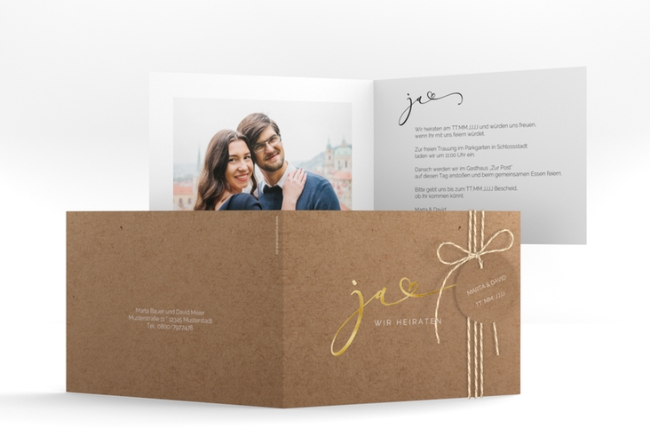 Hochzeitseinladung Jawort A6 Klappkarte quer Kraftpapier gold modern minimalistisch mit veredelter Aufschrift