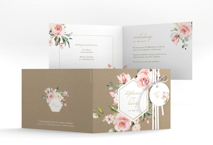 Einladung Hochzeit Graceful A6 Klappkarte quer Kraftpapier gold mit Rosenblüten in Rosa und Weiß