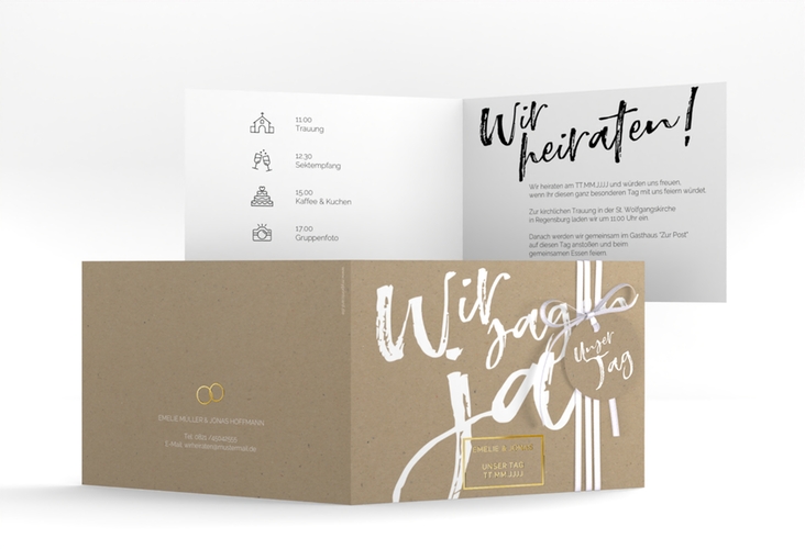Hochzeitseinladung Words A6 Klappkarte quer Kraftpapier gold