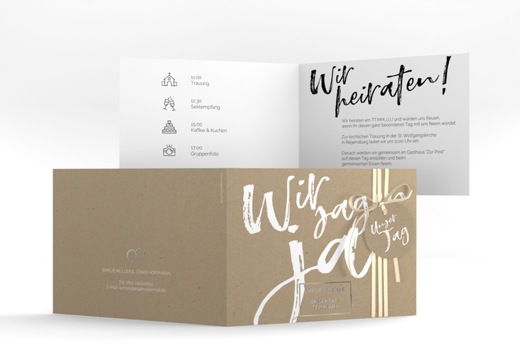 Hochzeitseinladung Words A6 Klappkarte quer Kraftpapier silber