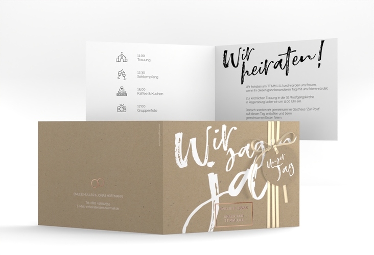 Hochzeitseinladung Words A6 Klappkarte quer Kraftpapier rosegold