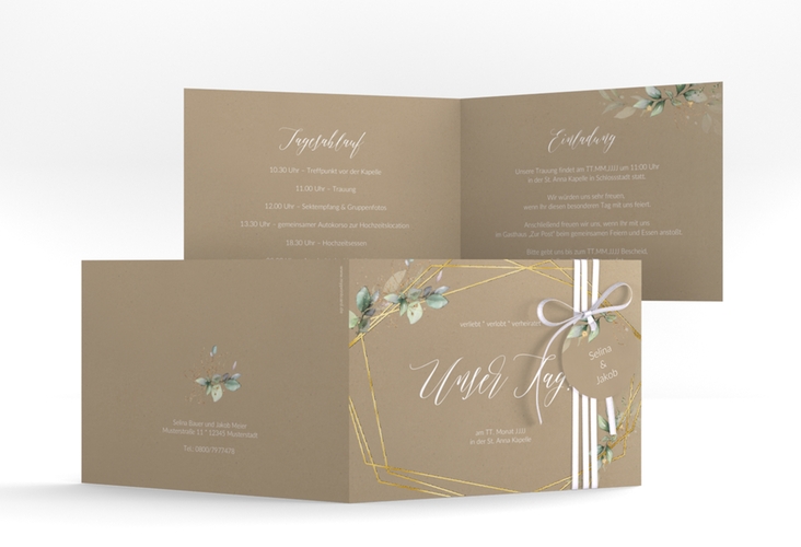Hochzeitseinladung Greenish A6 Klappkarte quer Kraftpapier gold