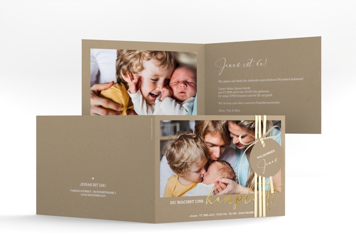 Geburtskarte Komplett A6 Klappkarte quer Kraftpapier gold