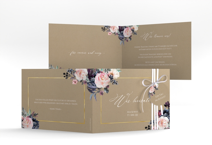 Hochzeitseinladung Abendlicht A6 Klappkarte quer Kraftpapier gold