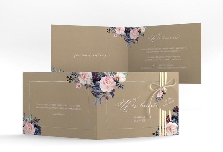 Hochzeitseinladung Abendlicht A6 Klappkarte quer Kraftpapier silber
