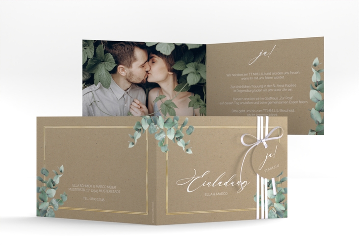 Hochzeitseinladung Eucalypt A6 Klappkarte quer Kraftpapier gold mit Eukalyptus und edlem Rahmen