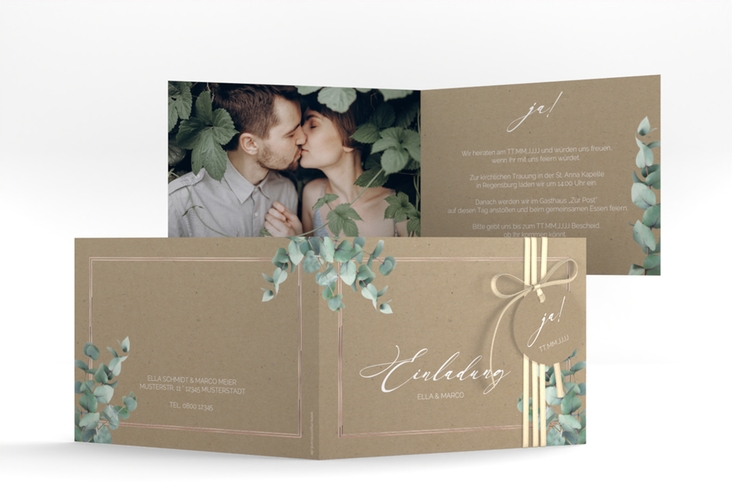Hochzeitseinladung Eucalypt A6 Klappkarte quer Kraftpapier rosegold mit Eukalyptus und edlem Rahmen