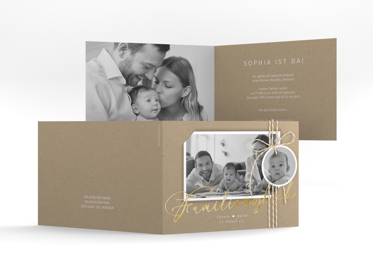 Geburtskarte Familienzuwachs A6 Klappkarte quer Kraftpapier gold
