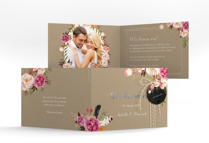 Hochzeitseinladung Flowers A6 Klappkarte quer Kraftpapier silber mit bunten Aquarell-Blumen