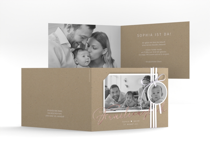 Geburtskarte Familienzuwachs A6 Klappkarte quer Kraftpapier rosegold