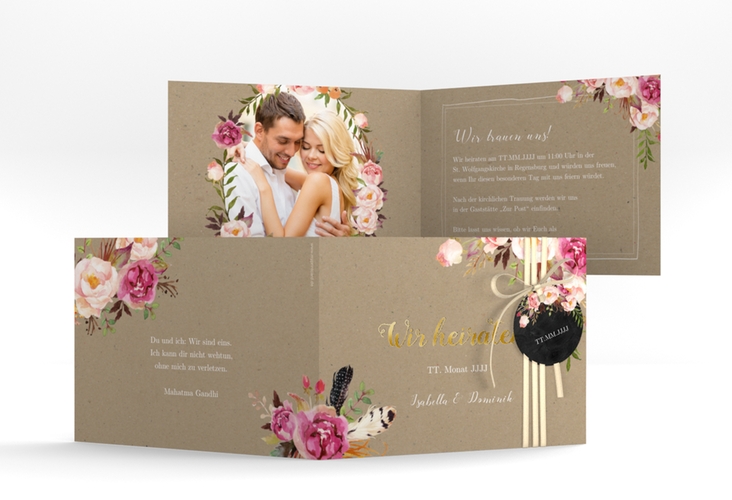 Hochzeitseinladung Flowers A6 Klappkarte quer Kraftpapier gold mit bunten Aquarell-Blumen