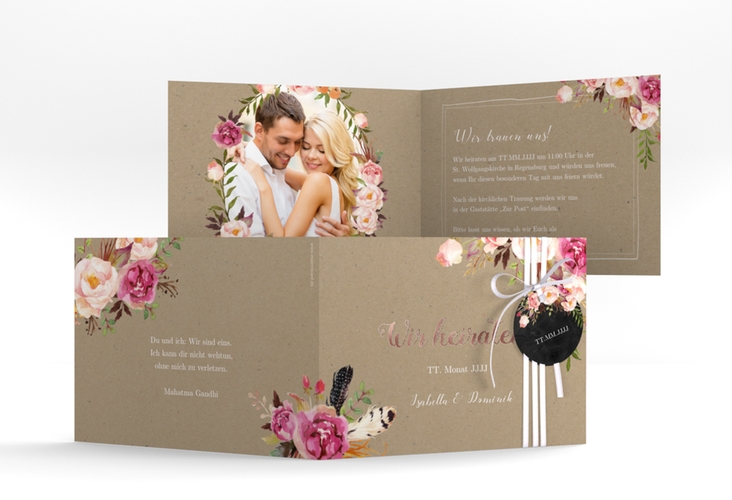 Hochzeitseinladung Flowers A6 Klappkarte quer Kraftpapier rosegold mit bunten Aquarell-Blumen