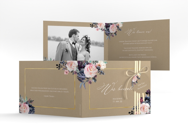 Hochzeitseinladung Abendlicht A6 Klappkarte quer Kraftpapier gold