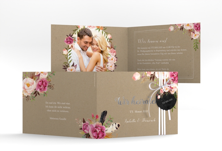 Hochzeitseinladung Flowers A6 Klappkarte quer Kraftpapier silber mit bunten Aquarell-Blumen