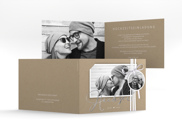 Hochzeitseinladung Crafty A6 Klappkarte quer Kraftpapier silber mit Foto