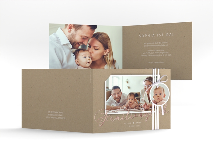 Geburtskarte Familienzuwachs A6 Klappkarte quer Kraftpapier rosegold
