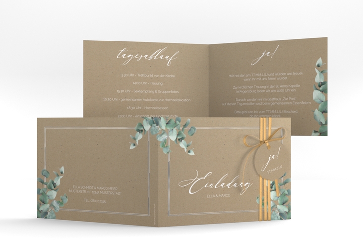 Hochzeitseinladung Eucalypt A6 Klappkarte quer Kraftpapier silber mit Eukalyptus und edlem Rahmen
