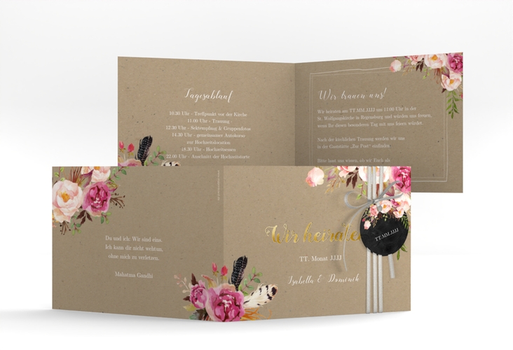 Hochzeitseinladung Flowers A6 Klappkarte quer Kraftpapier gold mit bunten Aquarell-Blumen