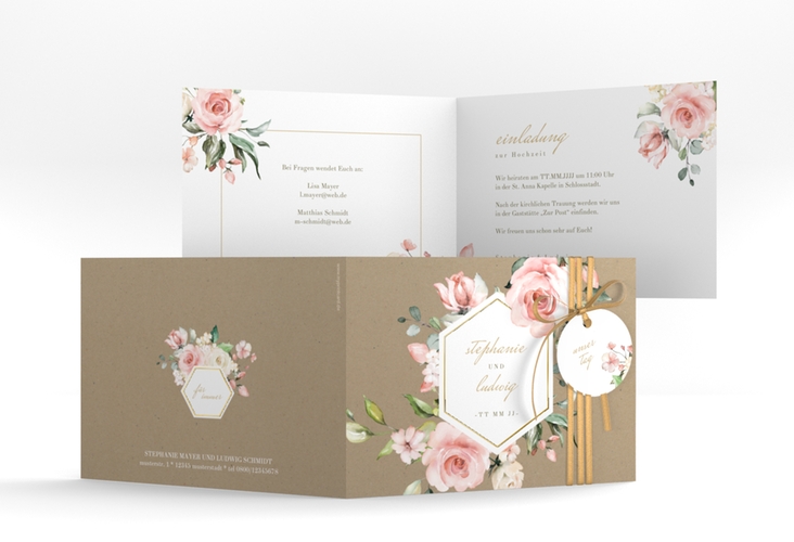 Einladung Hochzeit Graceful A6 Klappkarte quer Kraftpapier gold mit Rosenblüten in Rosa und Weiß
