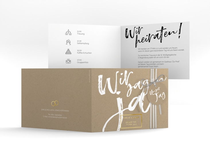 Hochzeitseinladung Words A6 Klappkarte quer Kraftpapier gold