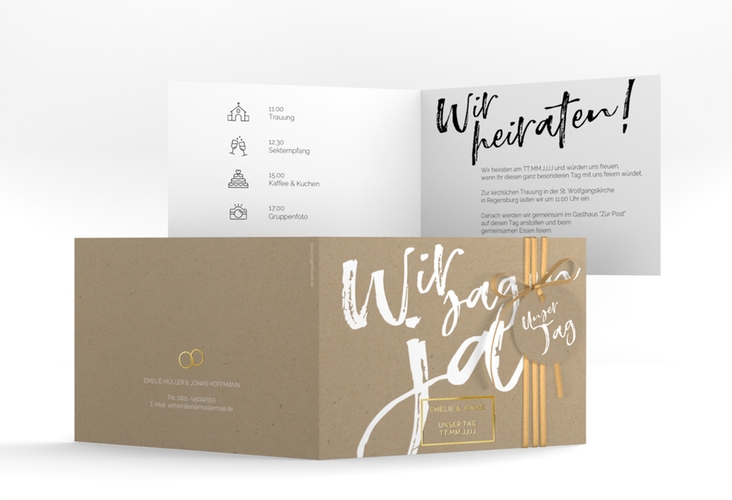 Hochzeitseinladung Words A6 Klappkarte quer Kraftpapier gold