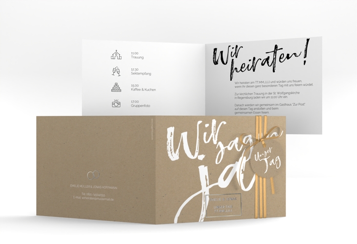 Hochzeitseinladung Words A6 Klappkarte quer Kraftpapier silber