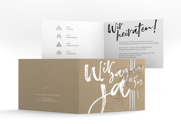 Hochzeitseinladung Words A6 Klappkarte quer Kraftpapier rosegold