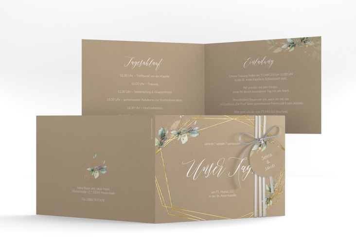 Hochzeitseinladung Greenish A6 Klappkarte quer Kraftpapier gold