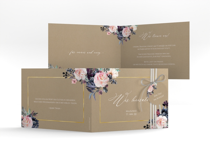 Hochzeitseinladung Abendlicht A6 Klappkarte quer Kraftpapier gold