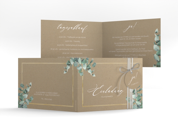 Hochzeitseinladung Eucalypt A6 Klappkarte quer Kraftpapier gold mit Eukalyptus und edlem Rahmen