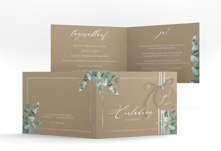 Hochzeitseinladung Eucalypt A6 Klappkarte quer Kraftpapier rosegold mit Eukalyptus und edlem Rahmen