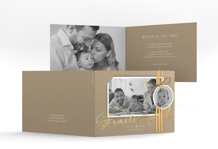 Geburtskarte Familienzuwachs A6 Klappkarte quer Kraftpapier gold
