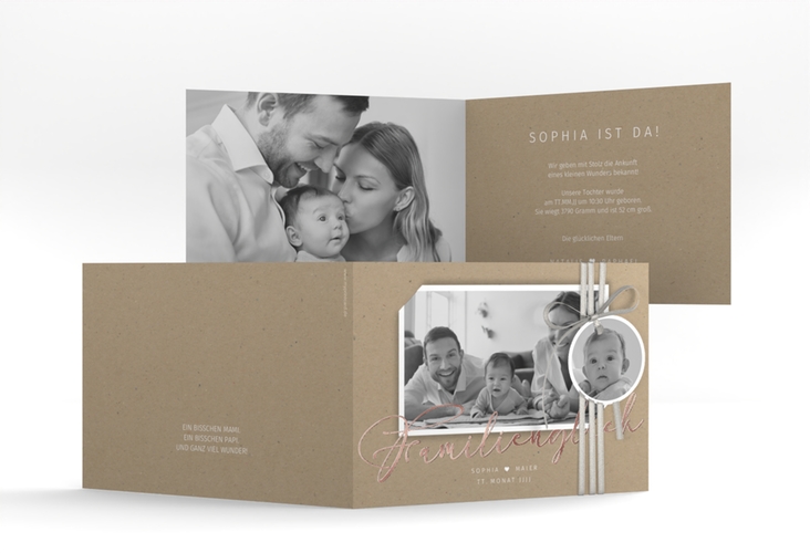 Geburtskarte Familienzuwachs A6 Klappkarte quer Kraftpapier rosegold